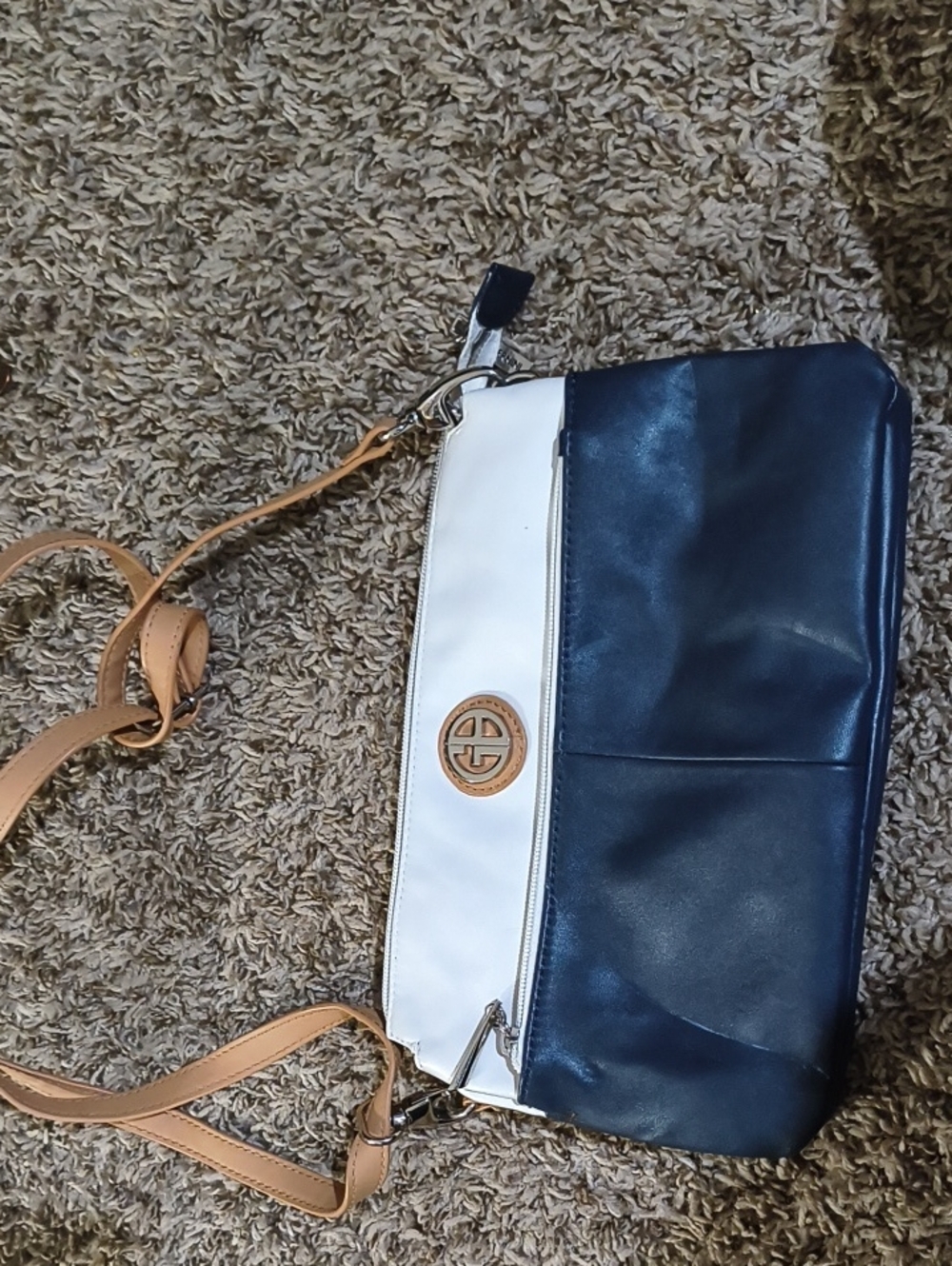 Navy and White Crossbody Bag with Tan Strap
